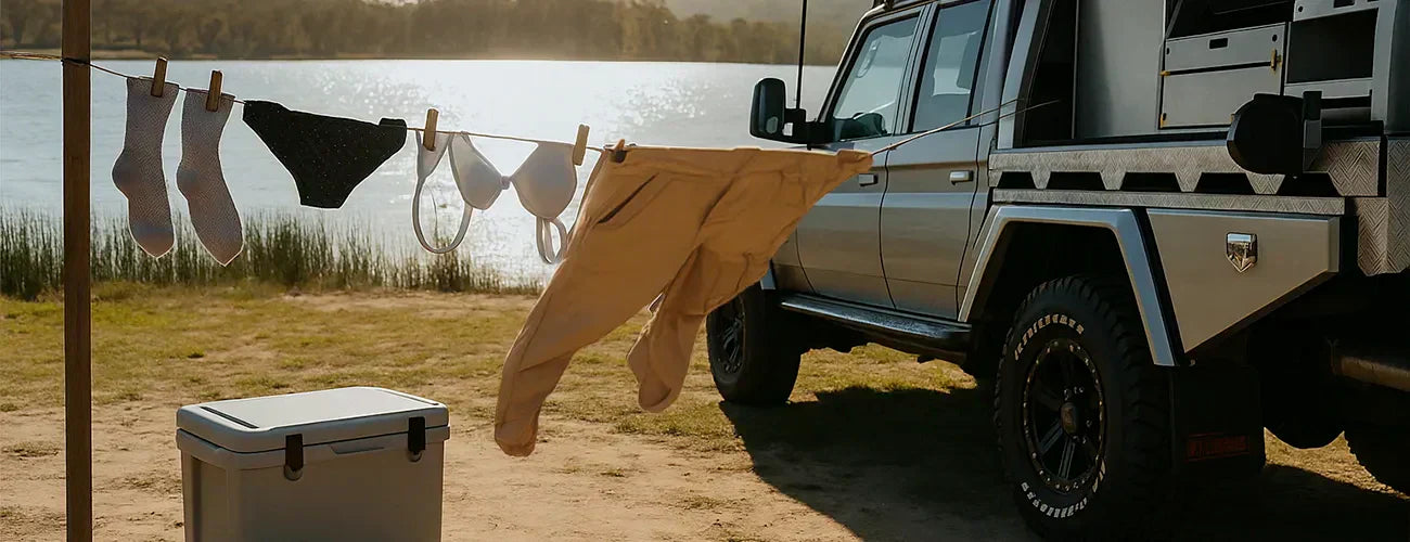 laundry drying on a line attached to a 4 wheel drive