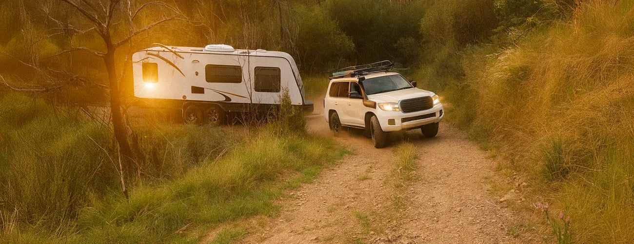 4x4 towing a caravan on a dirt track in the afternoon sun
