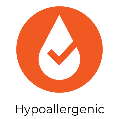 An orange circle with a water drop logo and tick mark in white to represent that the product is Hypoallergenic