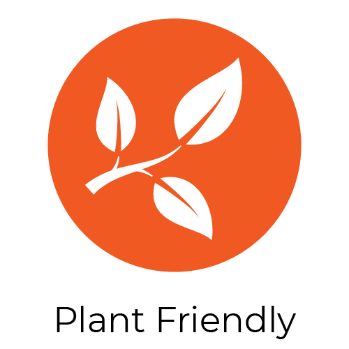 An orange circle with a branch containing three leaves in the middle to represent that the product is made from plant based ingredients